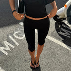 Fold Over Waistband Capri Leggings For Women Solid Color Skinny Pants