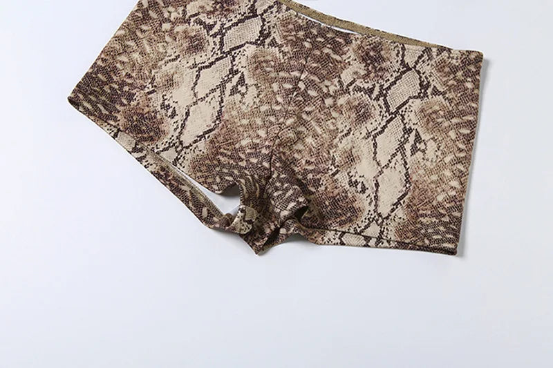 Snake Print Halter Backless Crop Top and Shorts Set Plunge Neck Bodycon Two Piece Clubwear