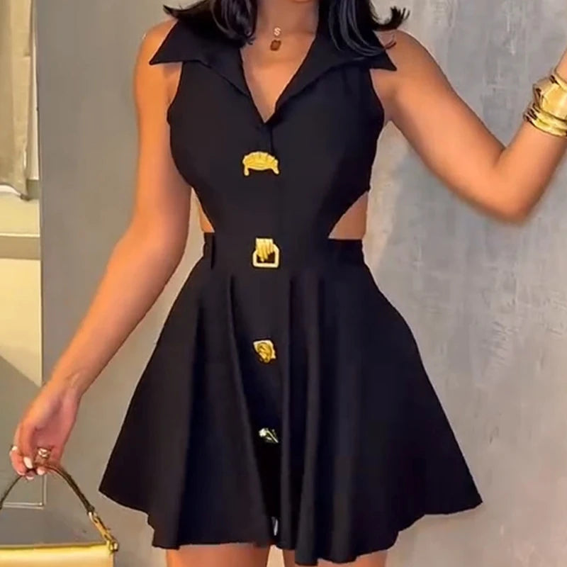 Solid Color Pleated High-Waist A-Line Dress