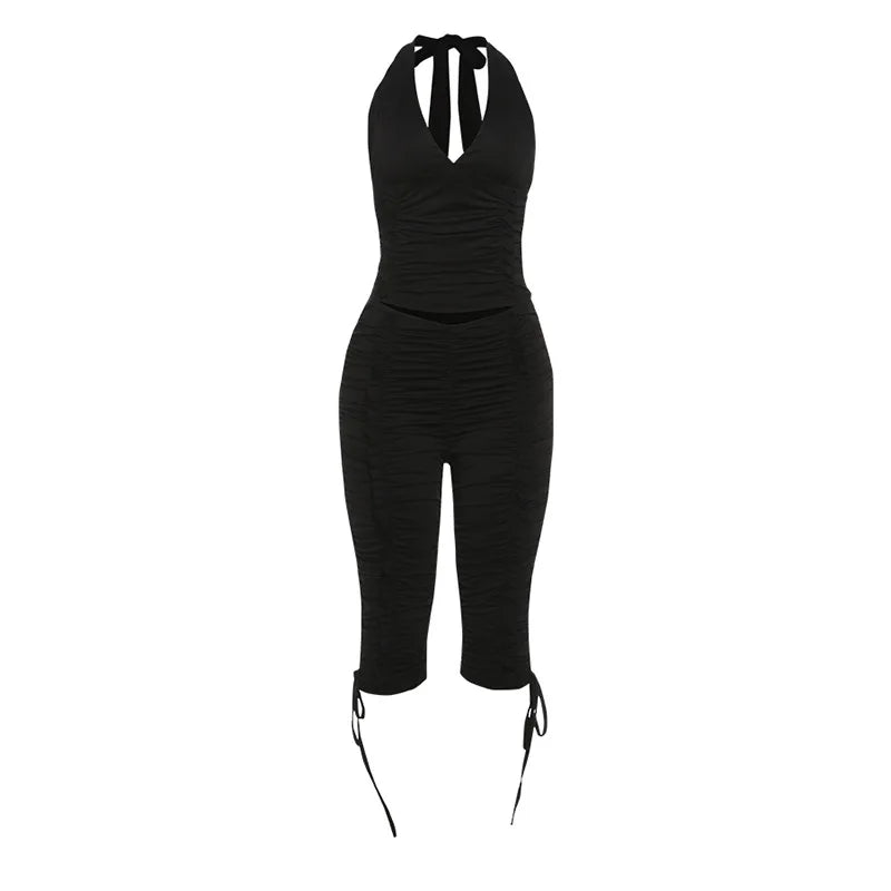 V Neck Halter Crop Top Two Piece Set With Sleek Fitted Pants
