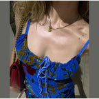 Retro Floral Lace Up Backless Maxi Dress