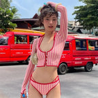 Red Stripe Women Long Sleeve Girls Swimwear Sexy Crop Top Bikini Three Piece Set