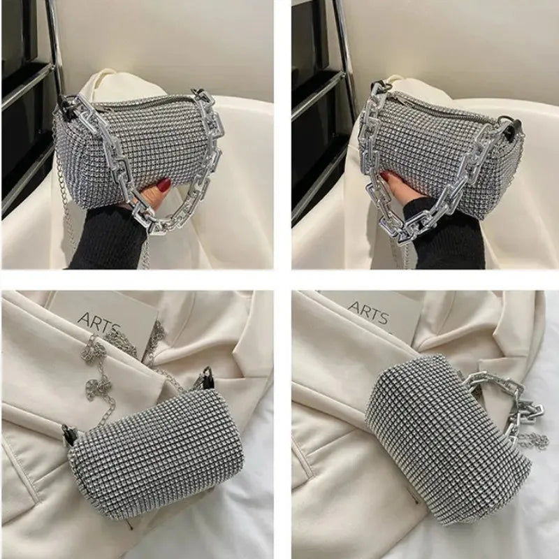 Mini Crossbody Rhinestone Bucket Bag With Glitter Chain Purse