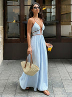 Sea Breeze Striped Deep V Beach Dress With Backless Sleeveless Maxi