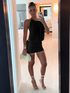 Patchwork Mesh Mini Dress With Lace-Up Halter Backless Tassel Detail