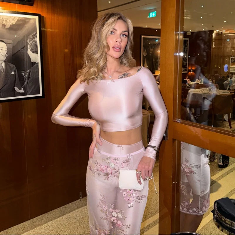 Satin Set With Off Shoulder Crop Top And Slim Pants Plus Embroidered Mesh Skirt