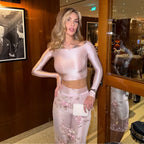 Satin Set With Off Shoulder Crop Top And Slim Pants Plus Embroidered Mesh Skirt