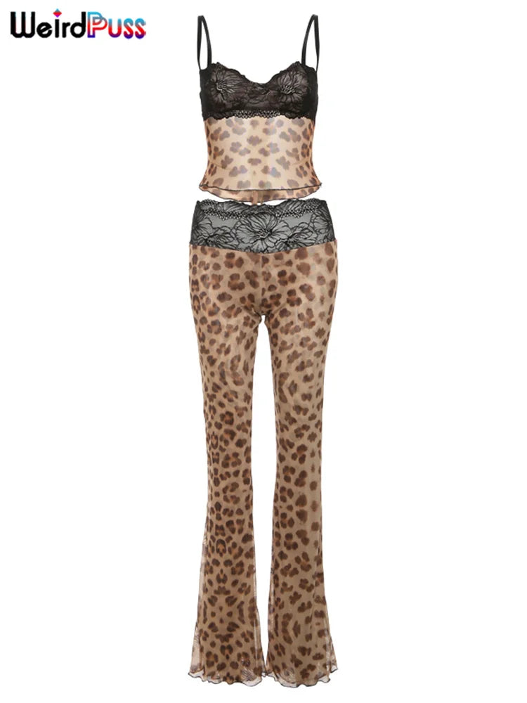Patchwork Mesh Set With Leopard Print Skinny Pants Sexy Sleeveless Crop Top Street Style
