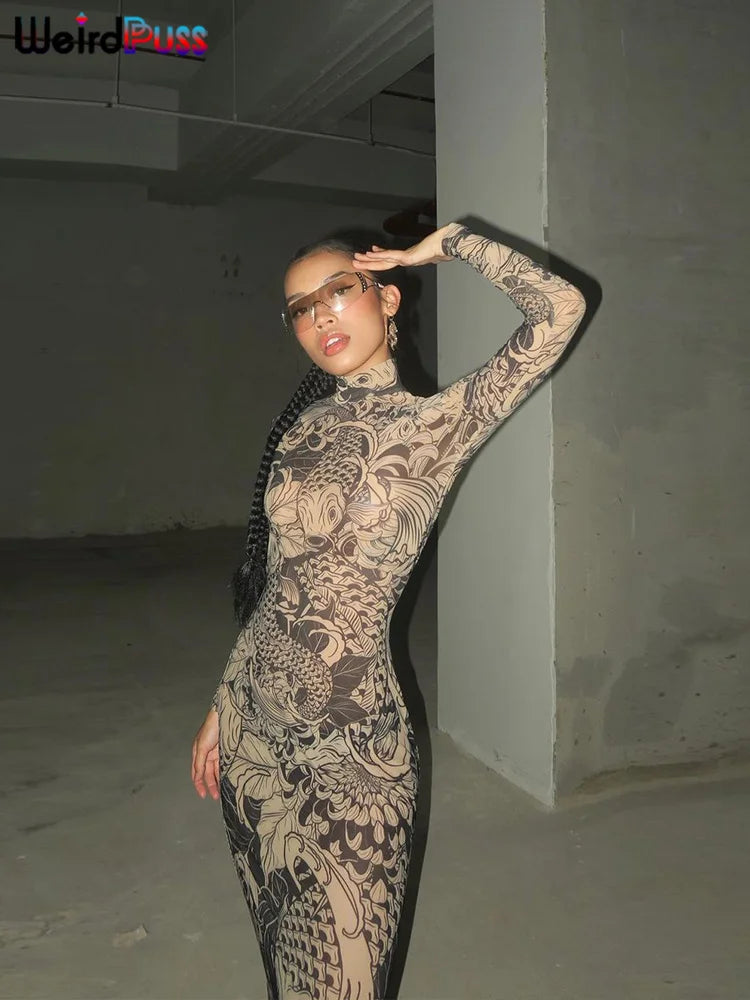 Mesh Print Maxi Bodycon Dress With Turtleneck And Long Sleeves