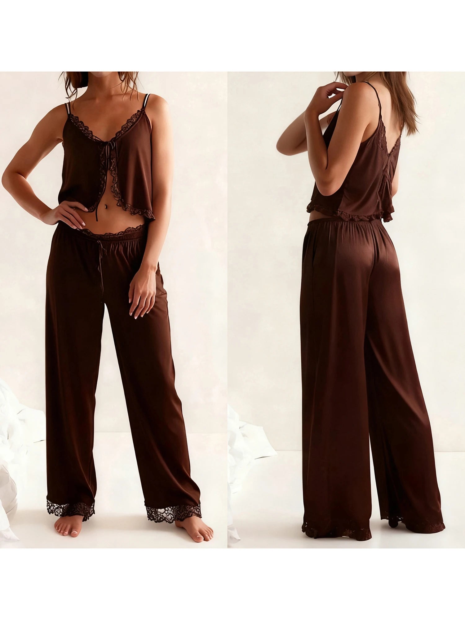 Satin Silk Pajamas Set Floral Lace Trim Tie Front Split Camisole Tops+ Straight Leg Pants 2Pcs Sleepwear
