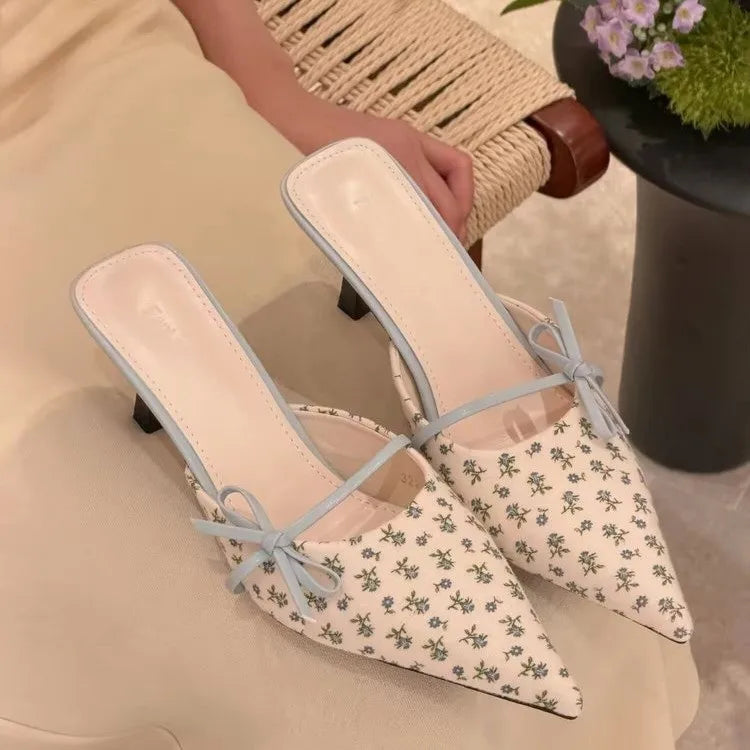 Elegant Bow Pointed Toe Mules With Thin Slip-on Heels