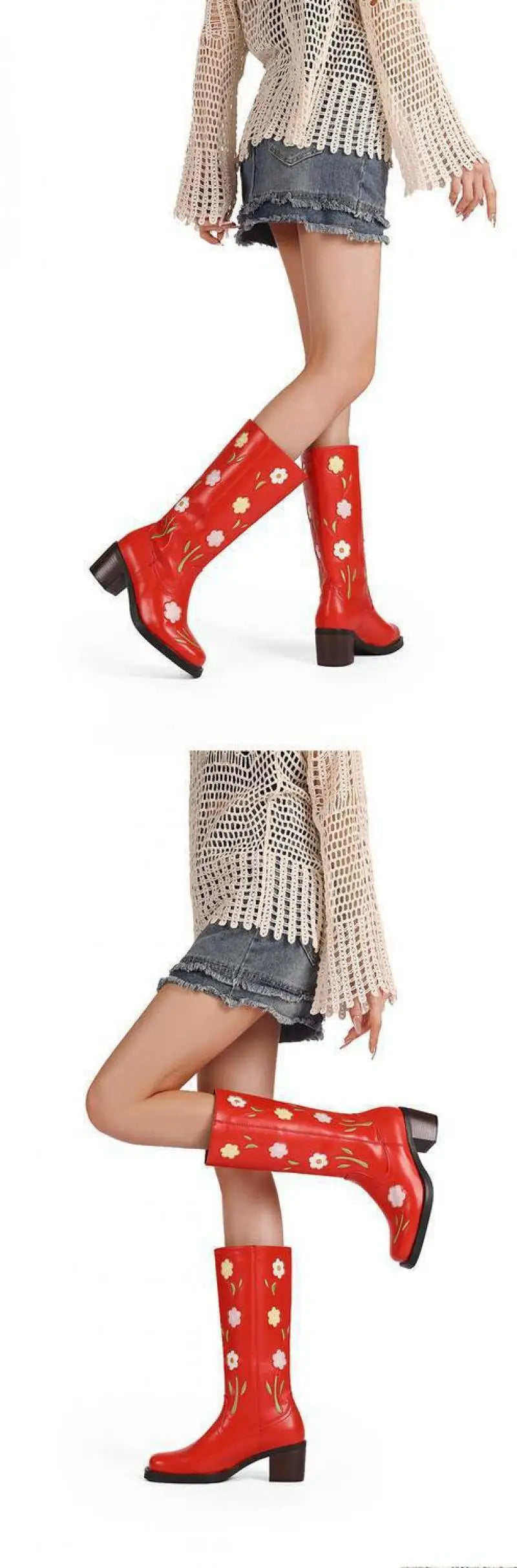Floral Embroidered Block Heel Boots