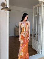 Floral Maxi Dress With Backless Design V Neck Halter Dress