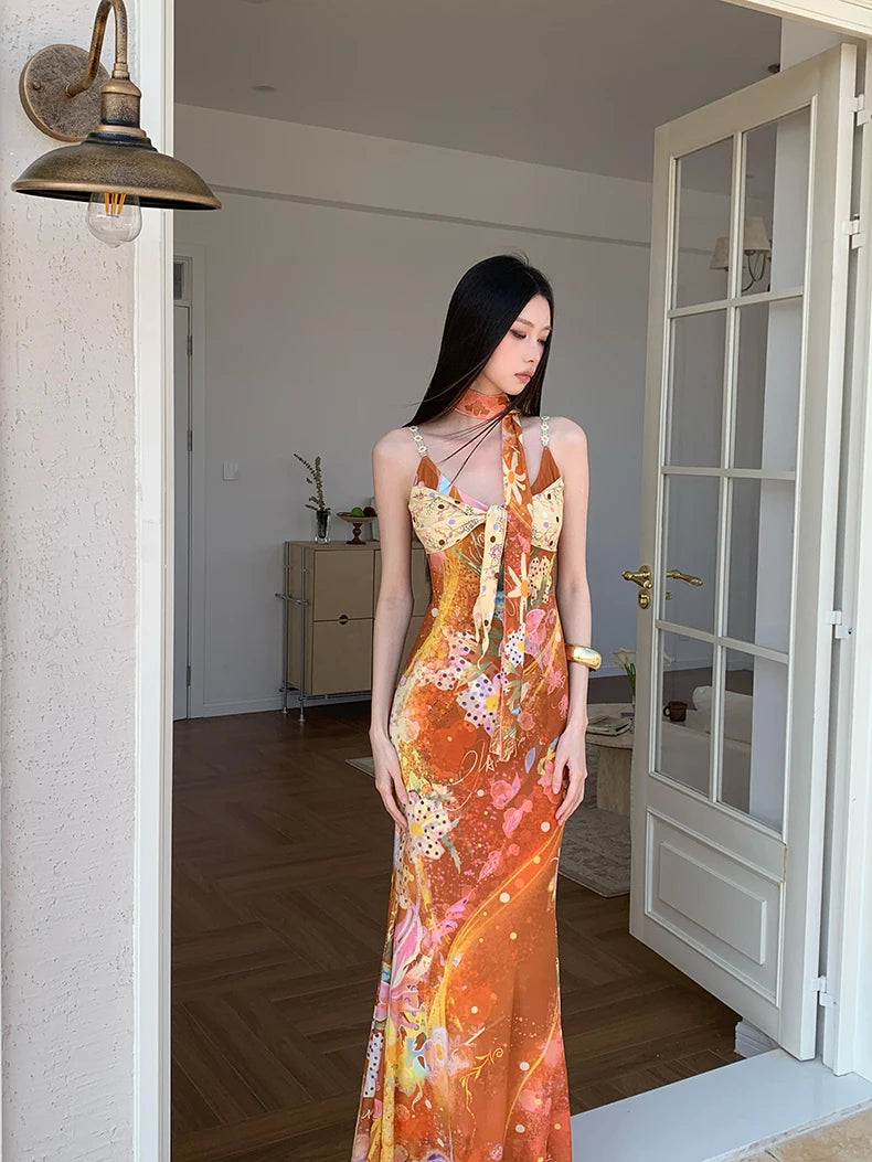 Floral Maxi Dress With Backless Design V Neck Halter Dress