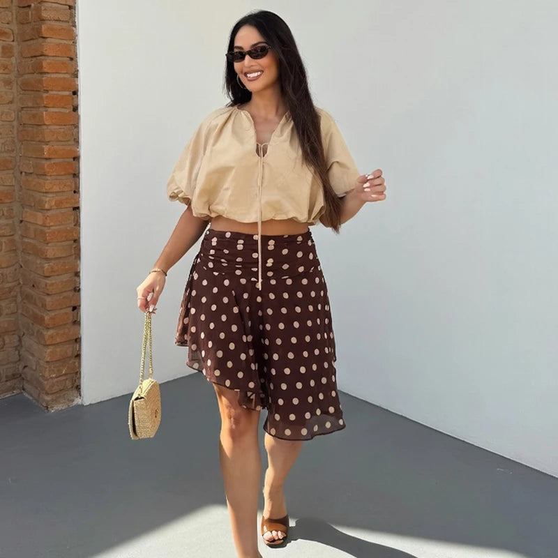 Polka Dot Mini Skirt With High Waist And Asymmetric Folded Hem Style