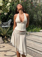 Sexy Sleeveless Mesh Halter Set With Ruffles Skirt