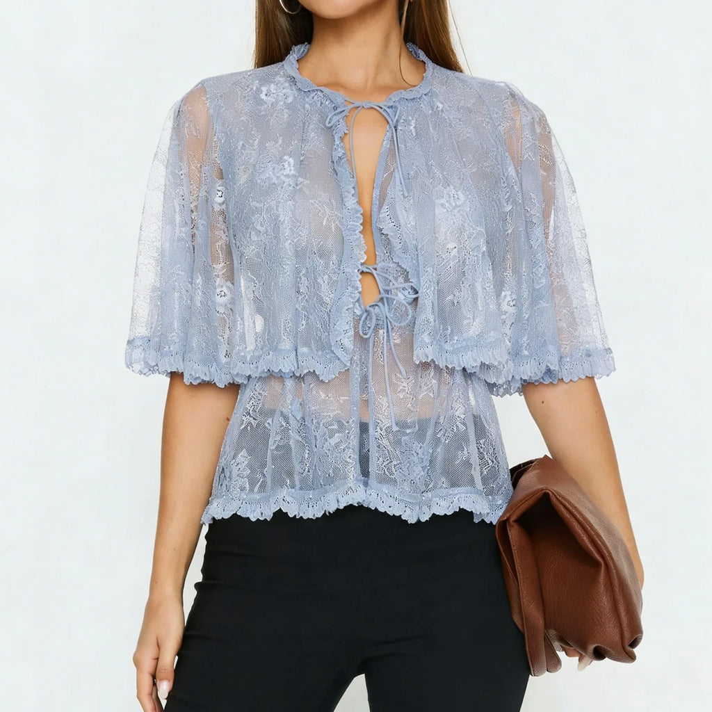 Lace Cape Tops Sexy Ruffled Trim Front Tie Closure Short Sleeve Mesh Blouse