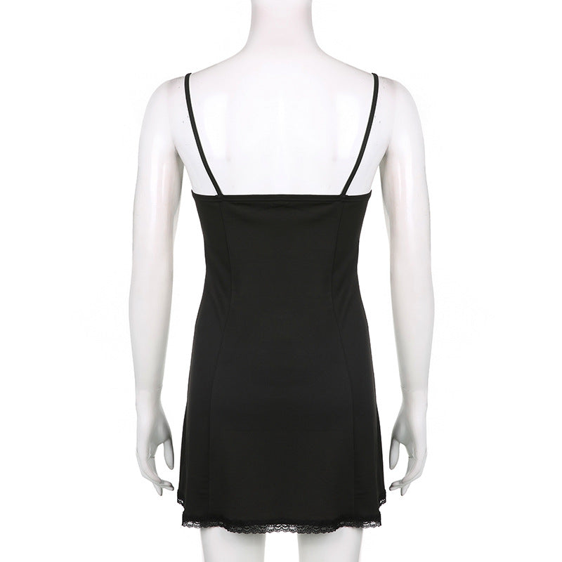 Gothic Kawaii Lace Trim Sleeveless V Neck Mini Dress With Bow Accent