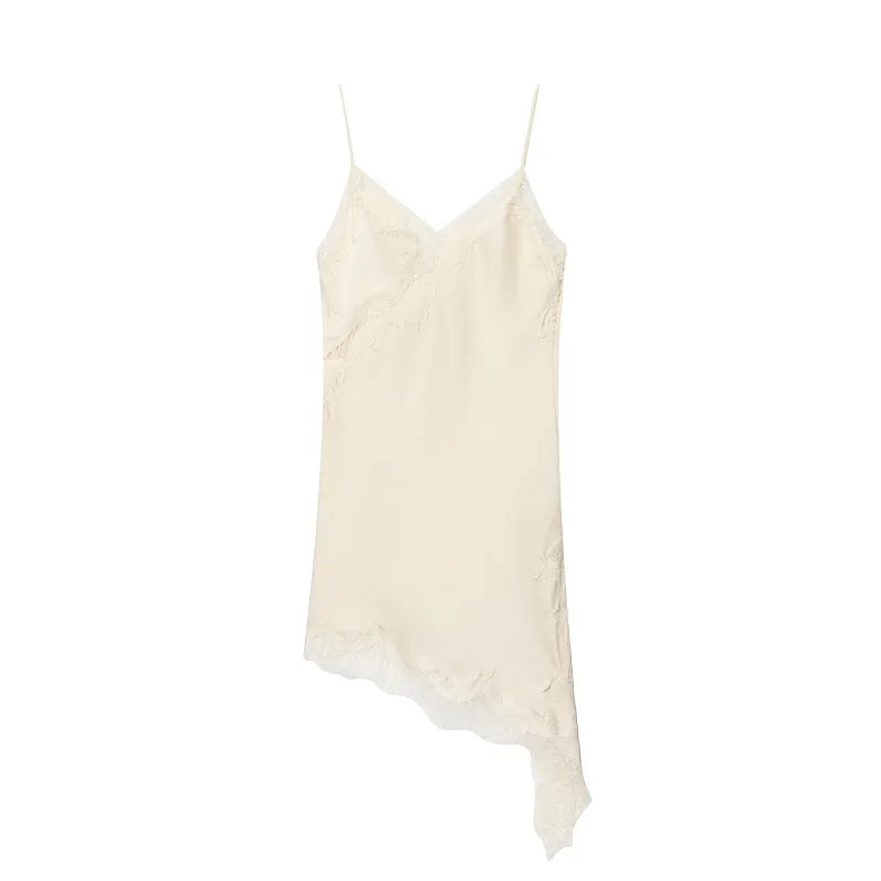 Lace Slip Mini Dress With Satin Backless Asymmetric Cut