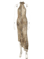 Leopard Print Turtleneck Sleeveless Backless Maxi Dress With Cutout Slit
