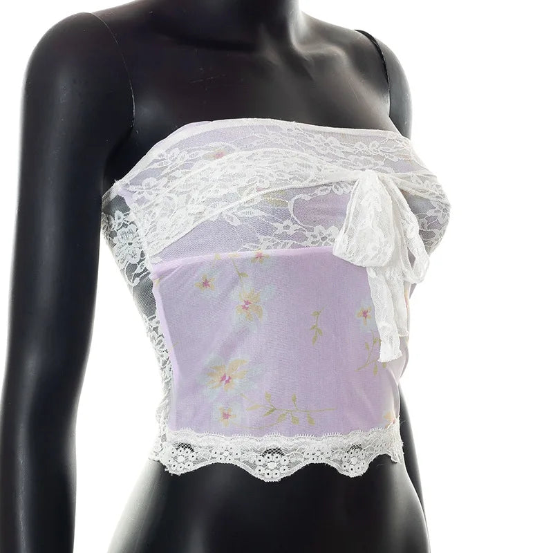 Sexy Y2K Low Cut Camisole Slim Fit Backless Tube Crop Top Lace Patchwork