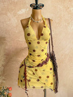 Leopard Halter Neck Mini Dress With Tie Up Front And Ruffle Hem