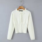 Lacing Up Bow Woodears O neck Open Buttons Through Crop Pointelle Knitted Cardigan Sweater Woman Jumper Knitwear