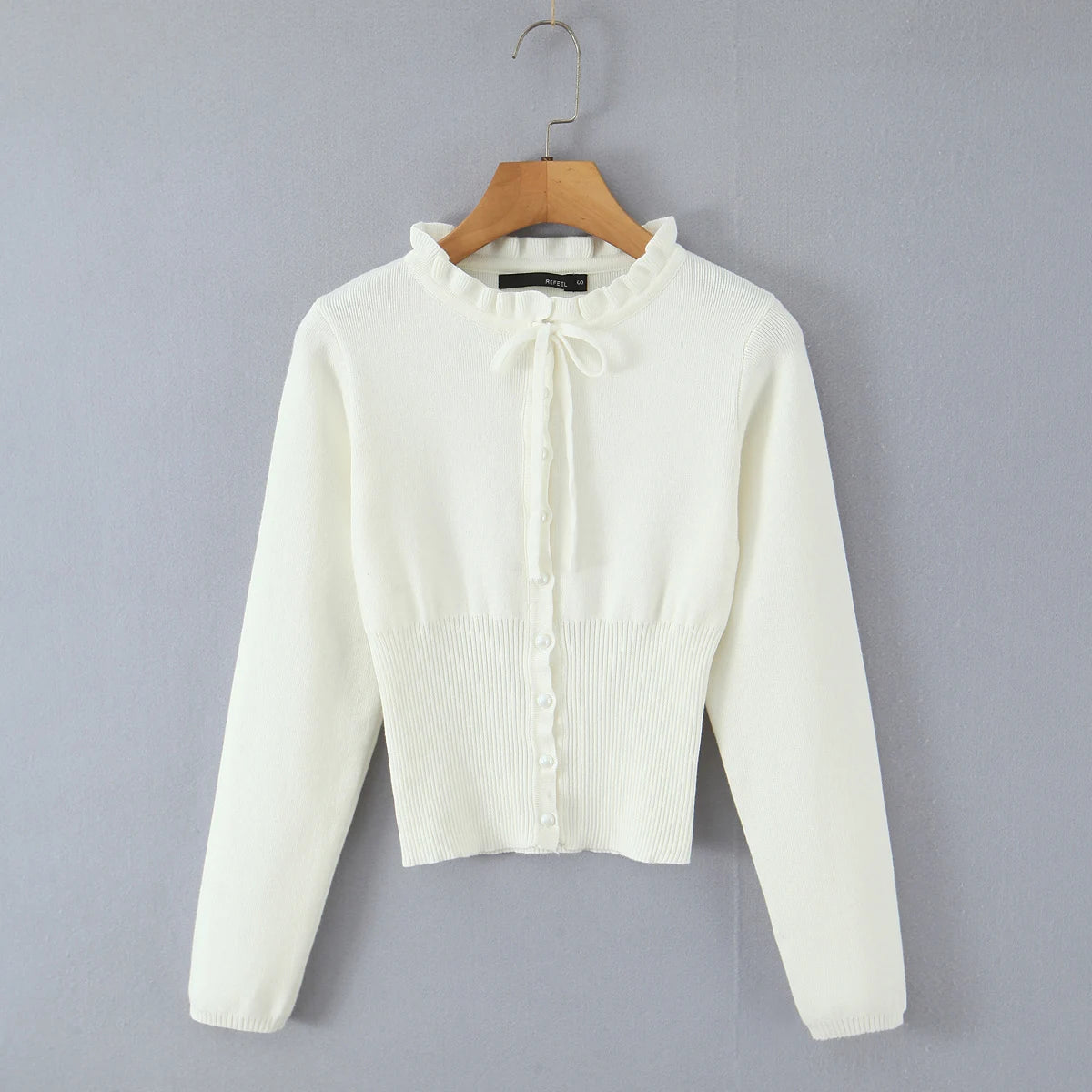 Lacing Up Bow Woodears O neck Open Buttons Through Crop Pointelle Knitted Cardigan Sweater Woman Jumper Knitwear