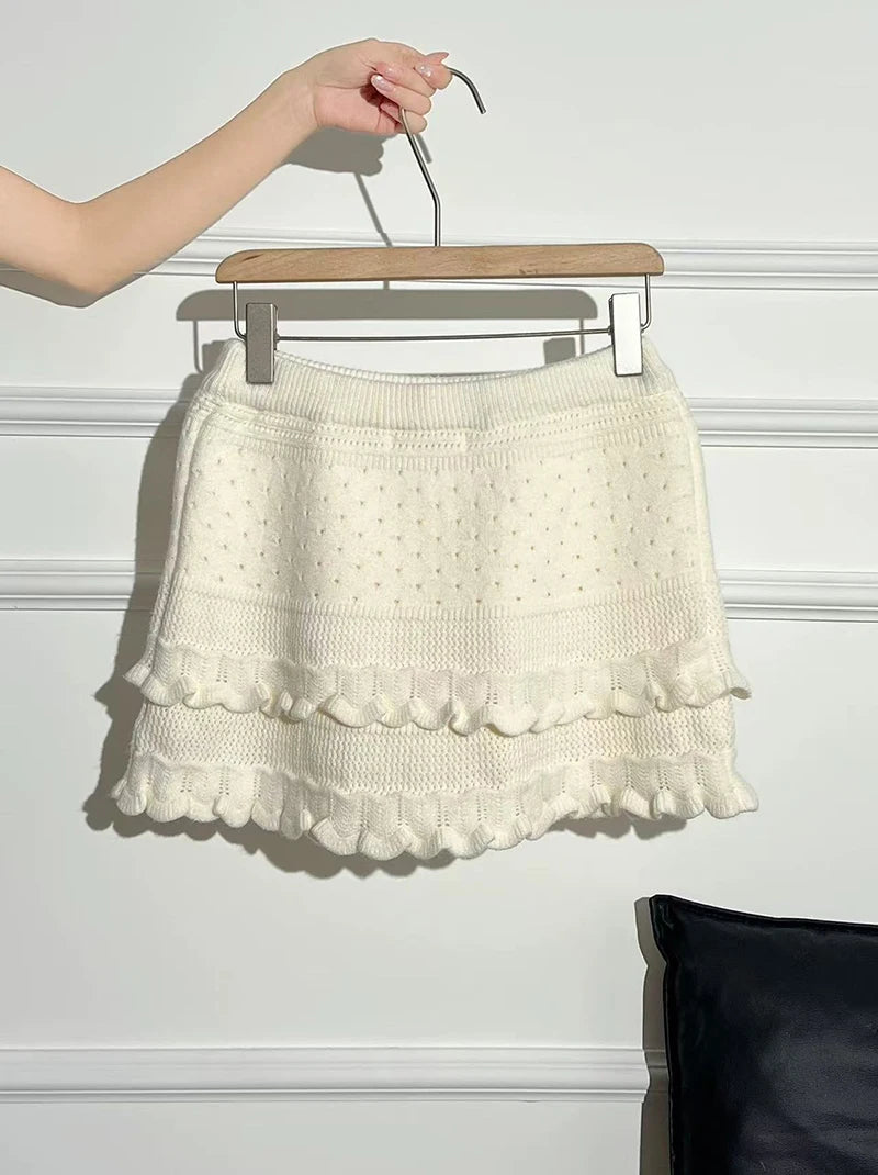 Patchwork Knit Mini Skirt With High Waist Ruffle And Hollow Out Details