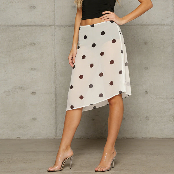 Retro Sheer Chiffon Dot Print Midi Skirt With Asymmetrical Hem