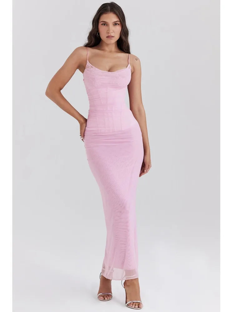 Elegant Mesh Patchwork Bodycon Dress With Spaghetti Straps And Double Layered Zipper Detail