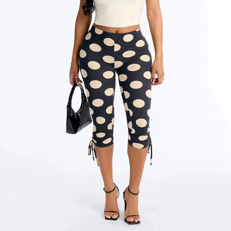 Polka Dot Patchwork Capri Pants With Drawstring Waist