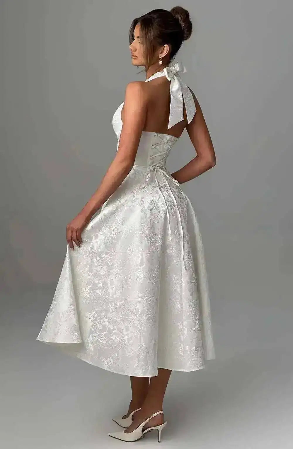 Backless Halter Evening Dress With Lace Jacquard For Elegant Special Occasions