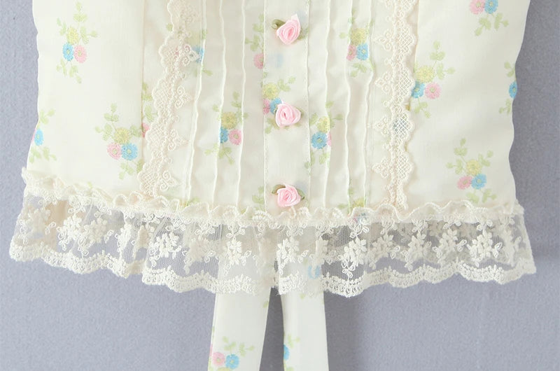 Sweet Floral Print Chic Lace Short Blouses Vintage Square Collar Puff Sleeve Slim Shirt