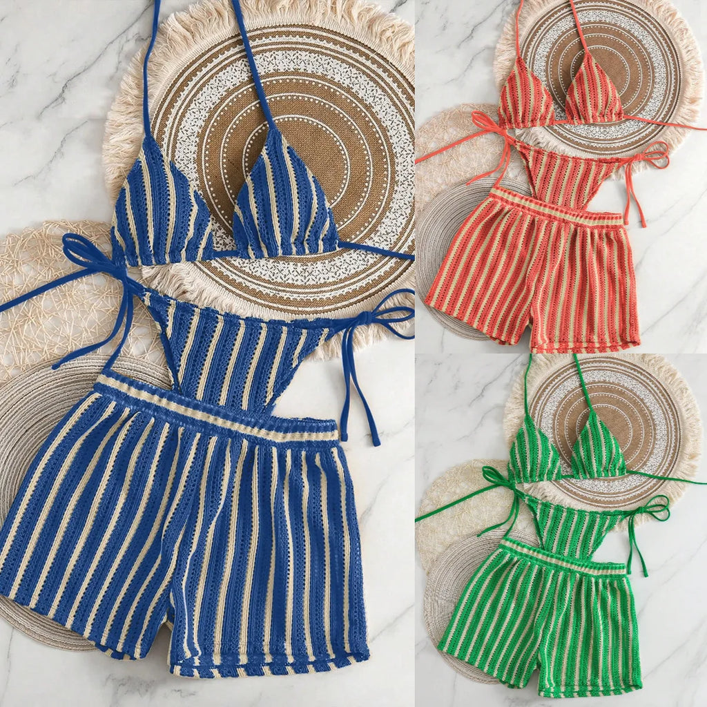 Retro Striped 3 Pieces Knitted Mesh String Bikini Set Swimsuit