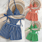 Retro Striped 3 Pieces Knitted Mesh String Bikini Set Swimsuit