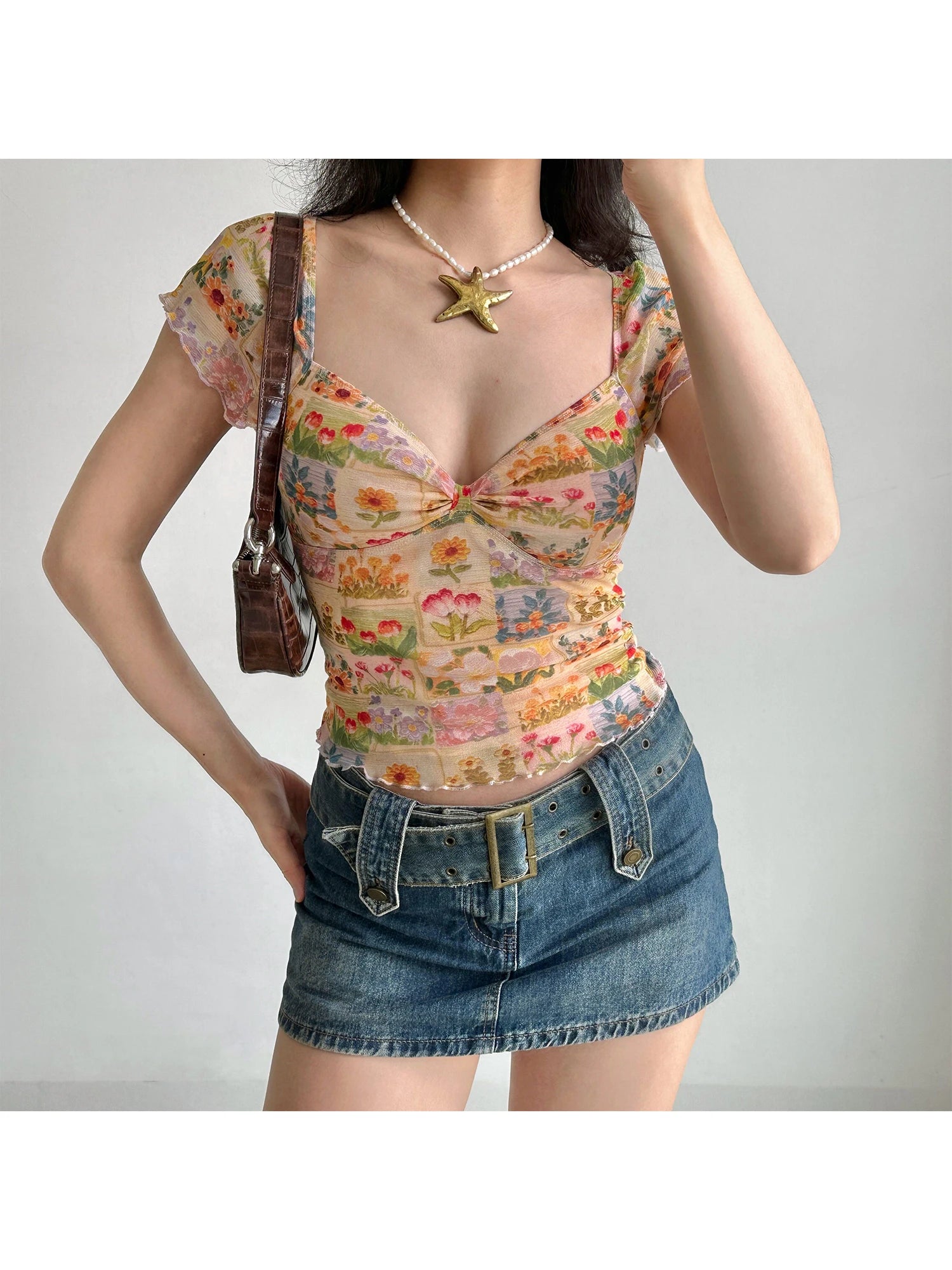 Yellow Floral Lace Mesh V Neck Tee Top