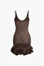Open Knit Crochet Cami Mini Dress With Ruffle Hem