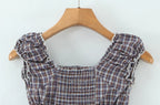 Sweet Plaid Chic Single Breasted Cropped Tops French Square Collar Puff Sleeve Blouse