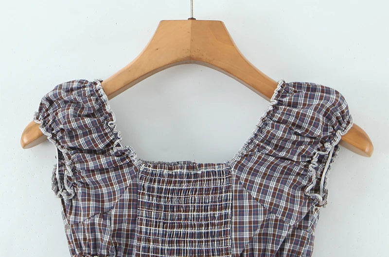 Sweet Plaid Chic Single Breasted Cropped Tops French Square Collar Puff Sleeve Blouse