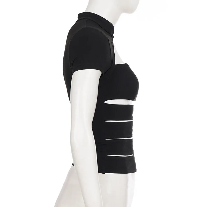 Hollow Stand-Up Collar Shirt With Ultra Slim Fit Short Sleeve Black Top