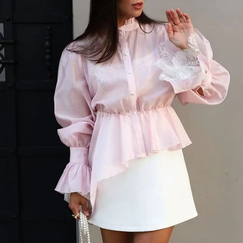 Fashion High Neck Asymmetric Women's Puff Sleeve Trim Ruffle Pink Single-breasted Blouse