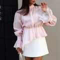 Fashion High Neck Asymmetric Women's Puff Sleeve Trim Ruffle Pink Single-breasted Blouse