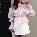 Fashion High Neck Asymmetric Women's Puff Sleeve Trim Ruffle Pink Single-breasted Blouse