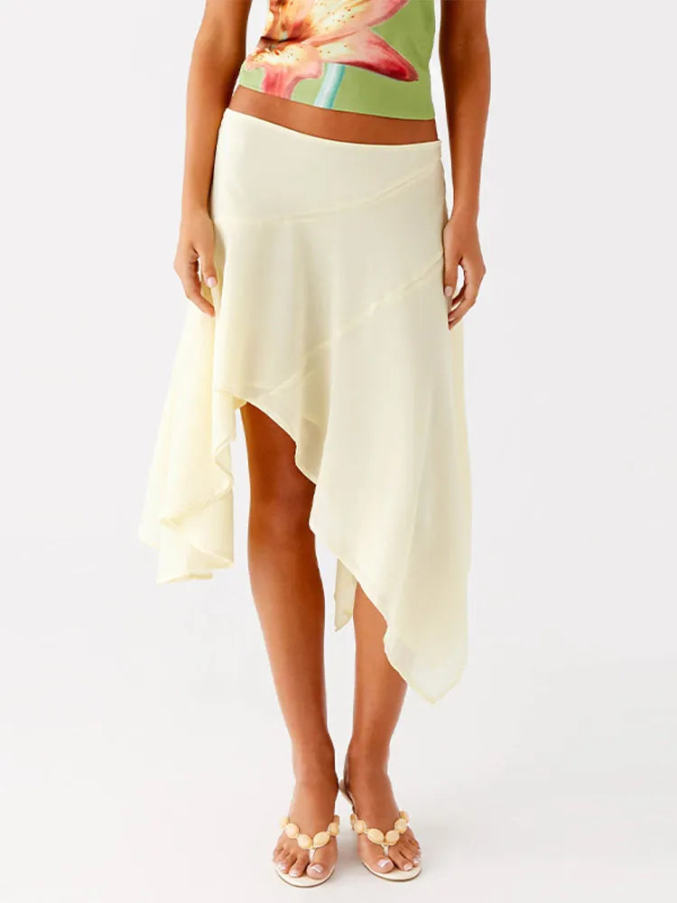 Soft Ruffle High Waist Midi Skirt With Asymmetrical Hem