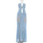 Sheer Halter Gown With Chain Detailing Backless Sleeveless