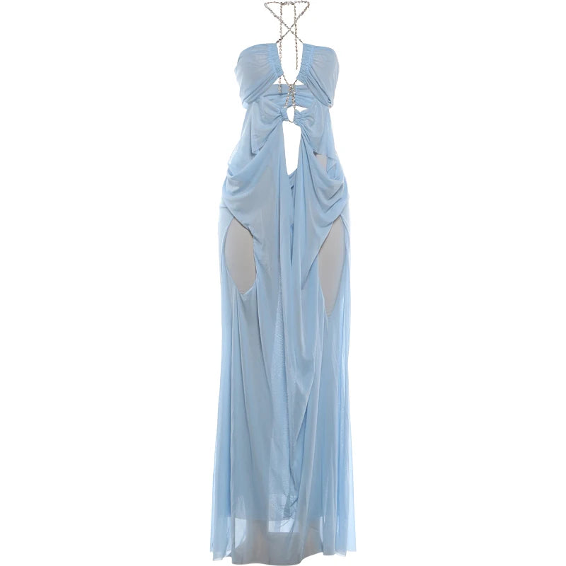 Sheer Halter Gown With Chain Detailing Backless Sleeveless
