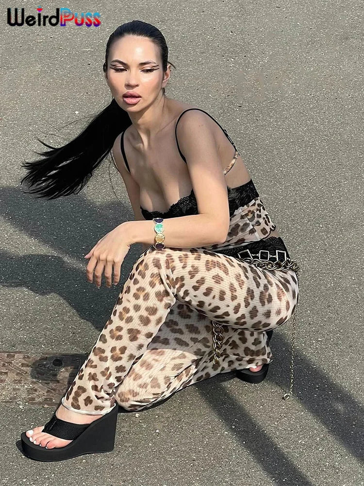 Patchwork Mesh Set With Leopard Print Skinny Pants Sexy Sleeveless Crop Top Street Style