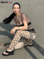 Patchwork Mesh Set With Leopard Print Skinny Pants Sexy Sleeveless Crop Top Street Style