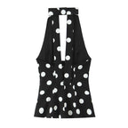 Women Fashion Sleeveless Backless Sexy Black Polka Dot Bow Neck Halter Top